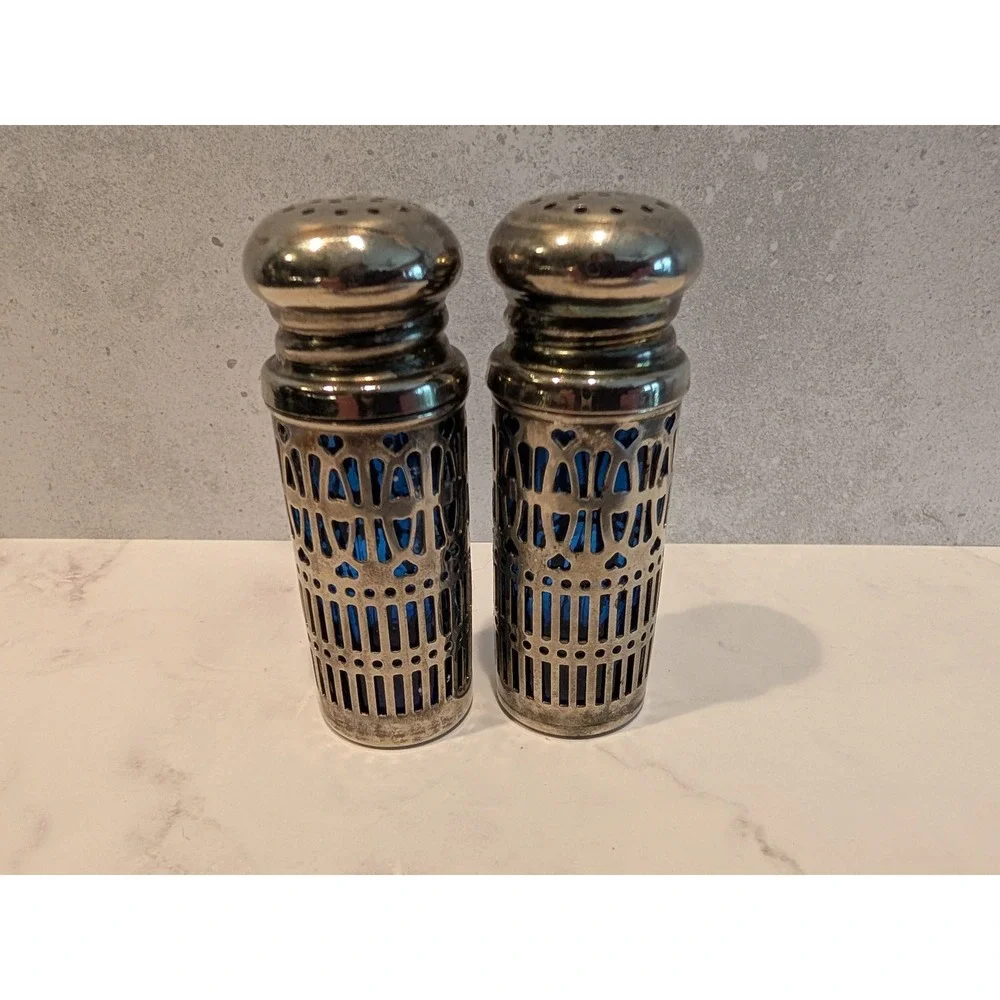 Vintage Cobalt Blue Glass Silver Plated Filigree Salt & Pepper Shakers Hong Kong